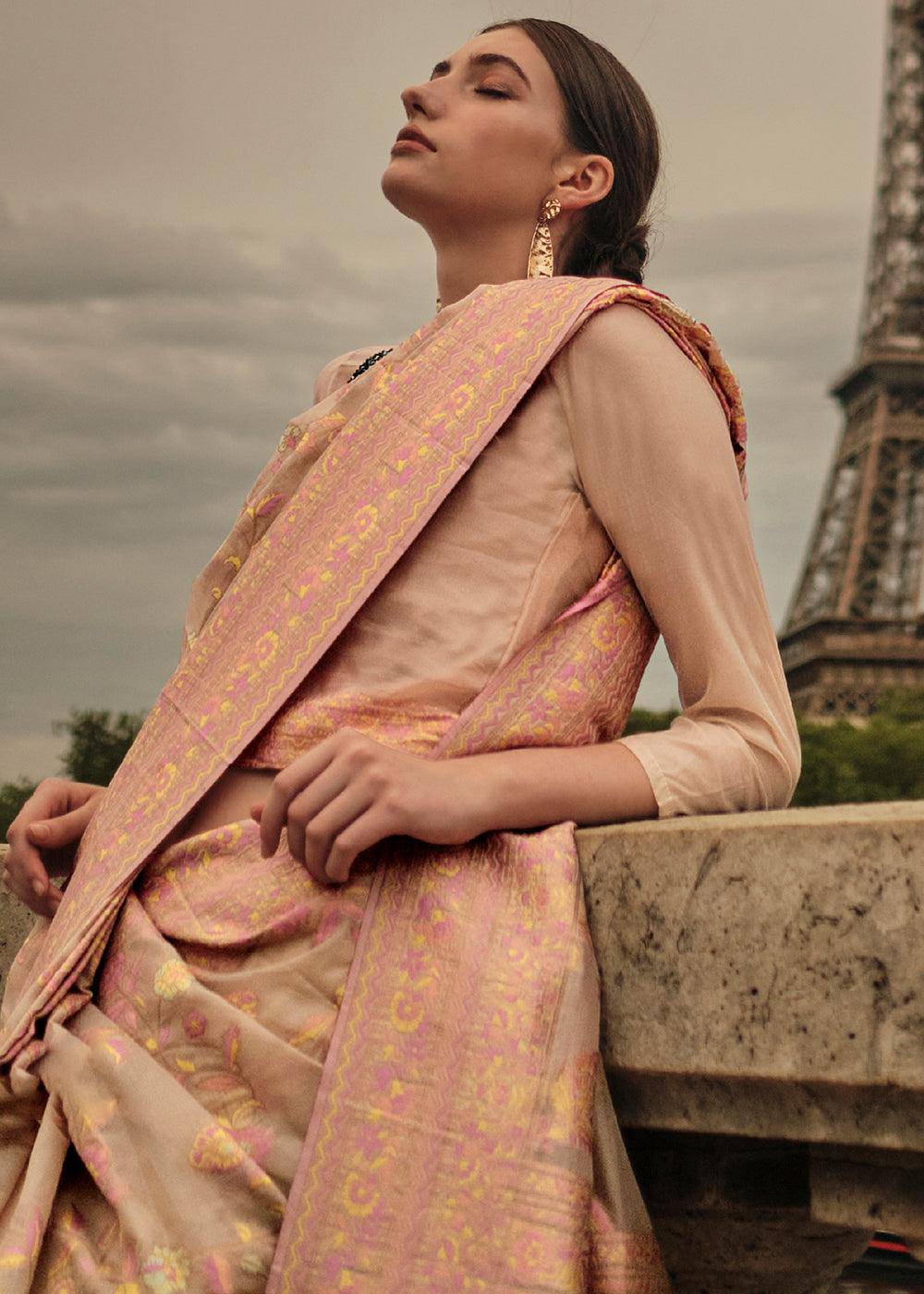 Light Brown & Pink Woven Kashmiri Organza Silk Saree | Stitched Blouse - qivii