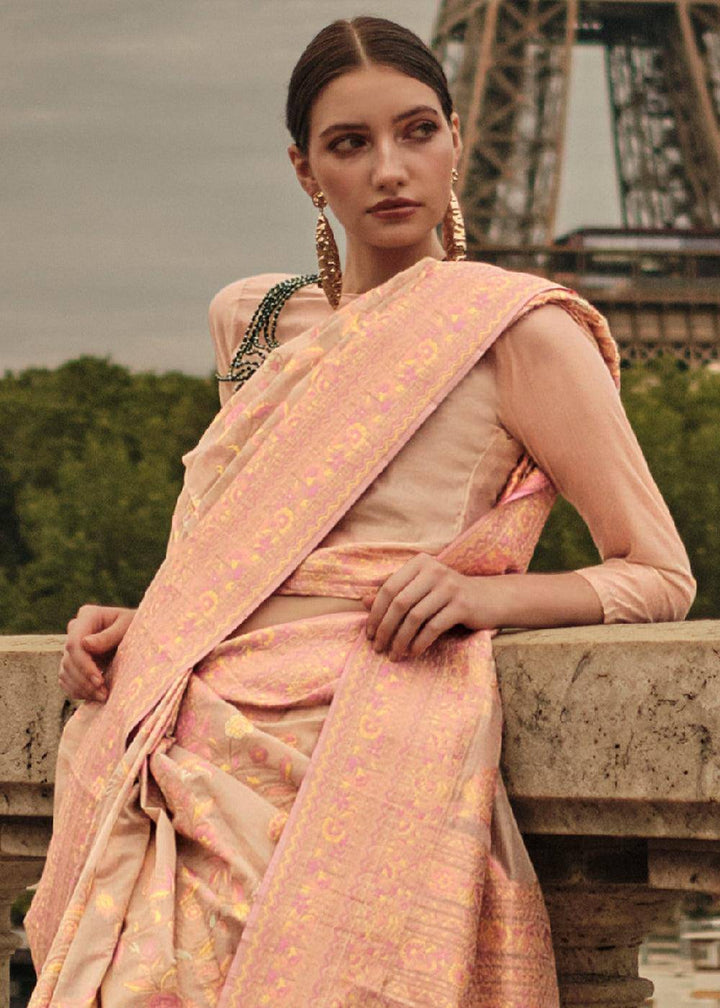 Light Brown & Pink Woven Kashmiri Organza Silk Saree | Stitched Blouse - qivii