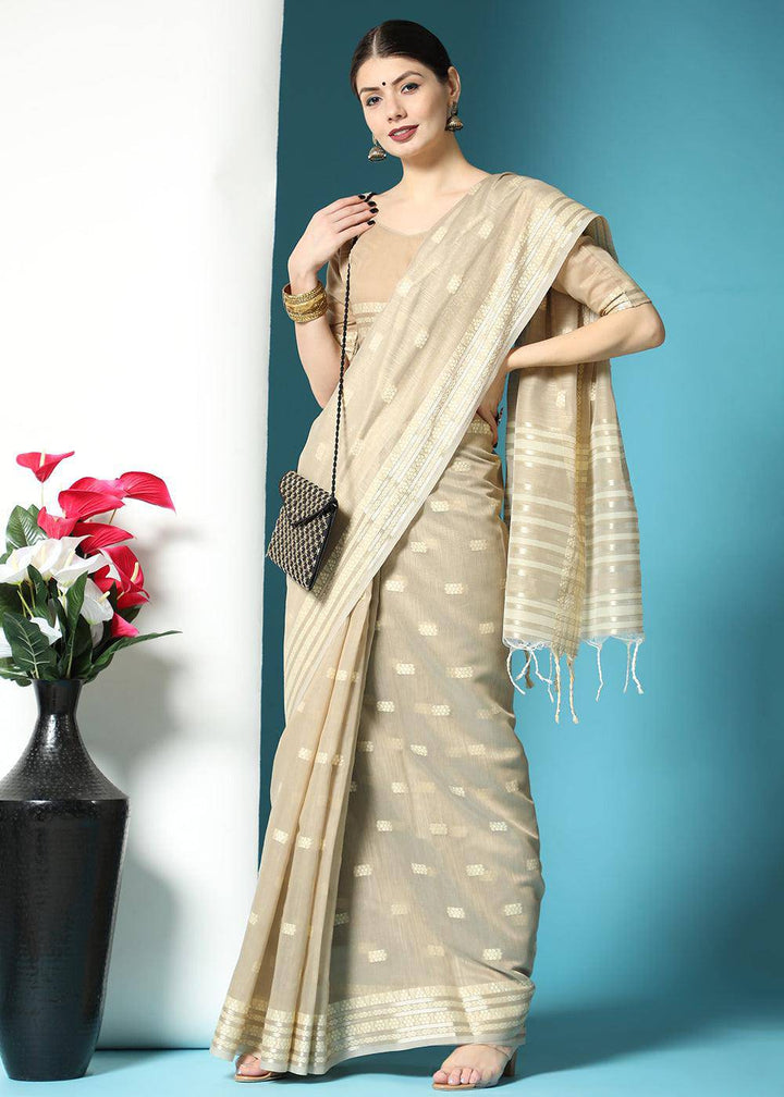 Light Brown Chikankari Weaving Cotton Saree | Stitched Blouse - qivii