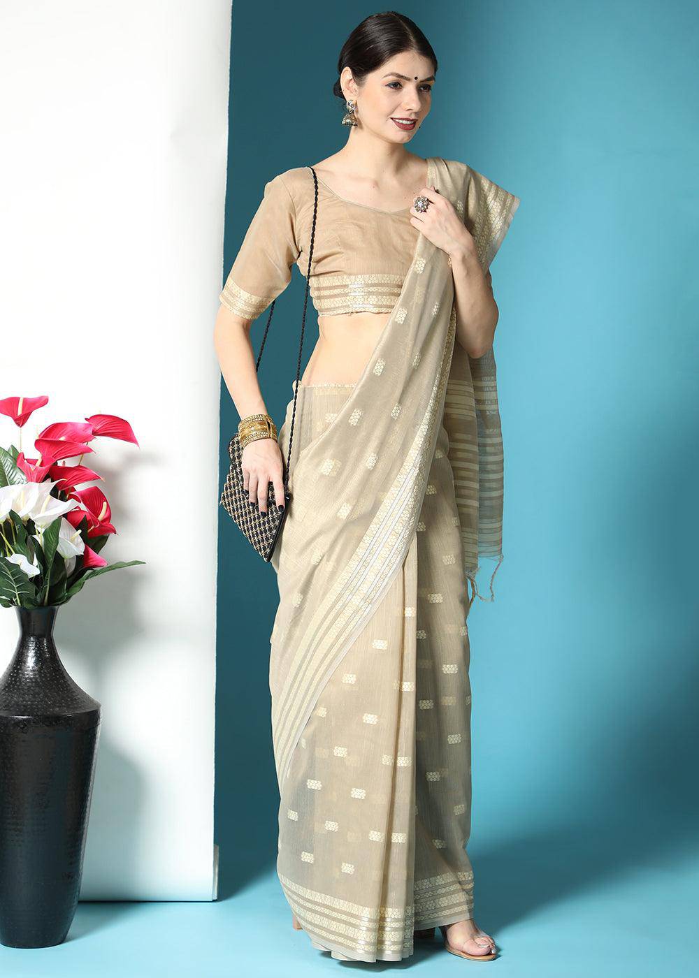 Light Brown Chikankari Weaving Cotton Saree | Stitched Blouse - qivii