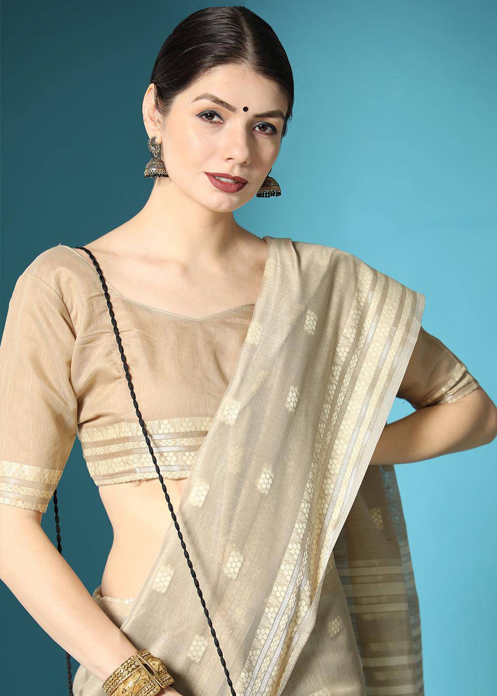 Light Brown Chikankari Weaving Cotton Saree | Stitched Blouse - qivii