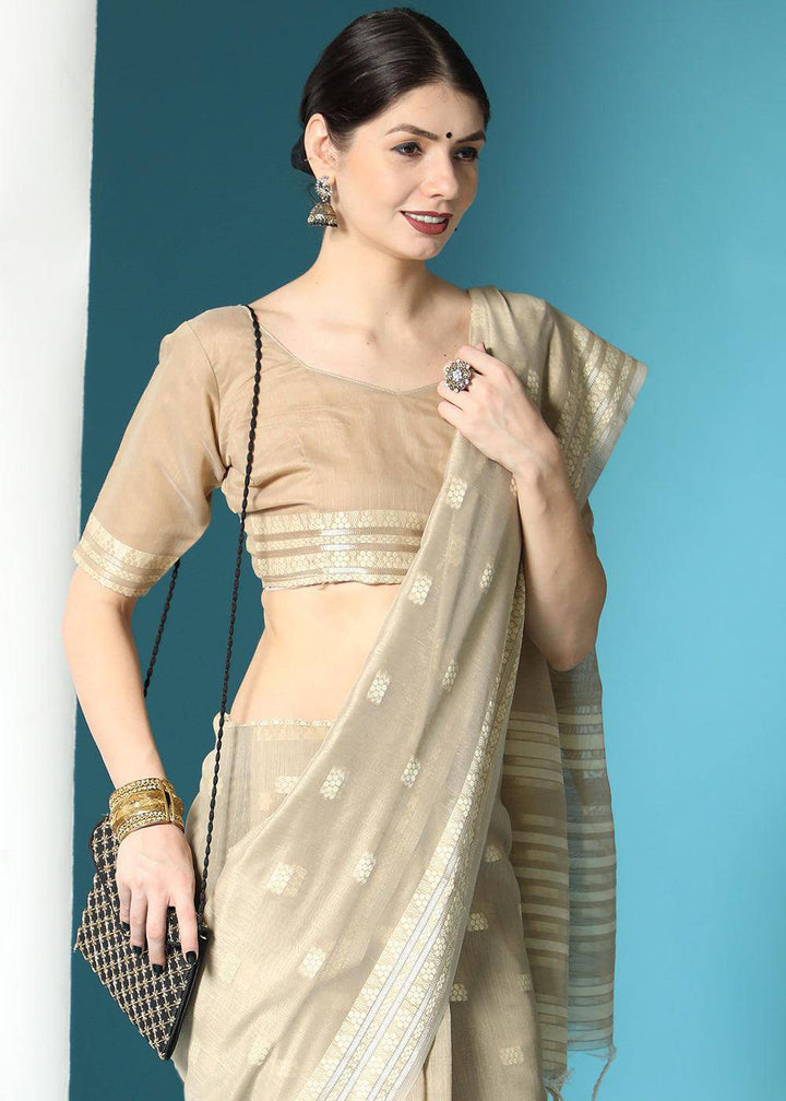 Light Brown Chikankari Weaving Cotton Saree | Stitched Blouse - qivii