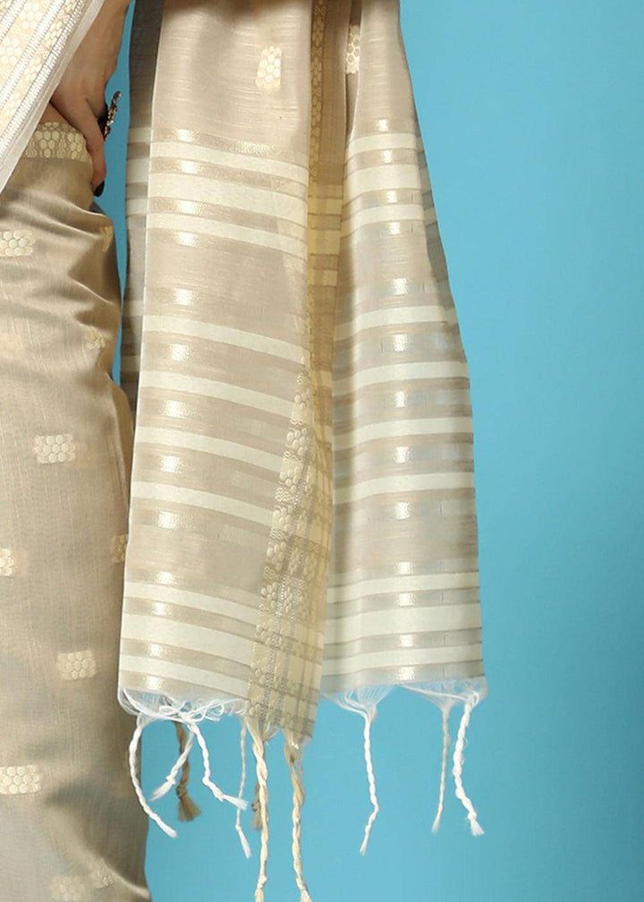 Light Brown Chikankari Weaving Cotton Saree | Stitched Blouse - qivii