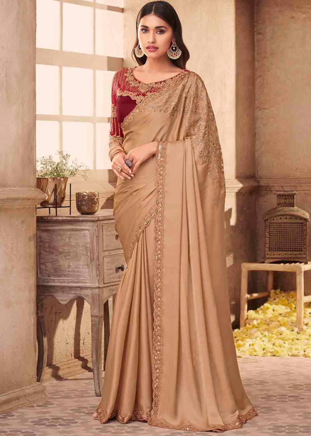 Light Brown Designer Embroidered Satin Silk Saree with Sequence work | Stitched Blouse - qivii