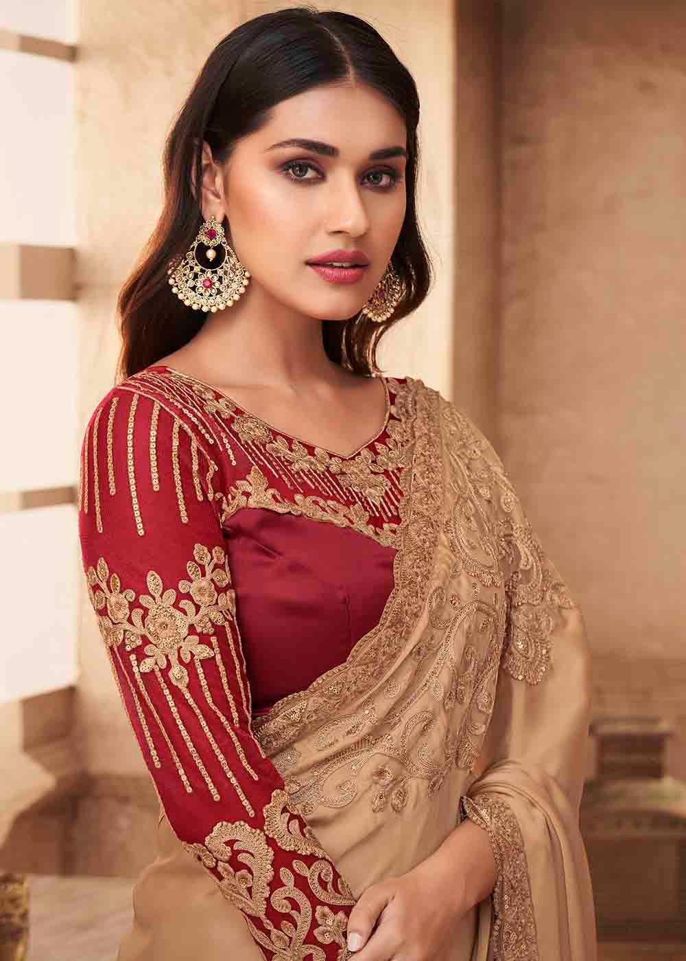 Light Brown Designer Embroidered Satin Silk Saree with Sequence work | Stitched Blouse - qivii