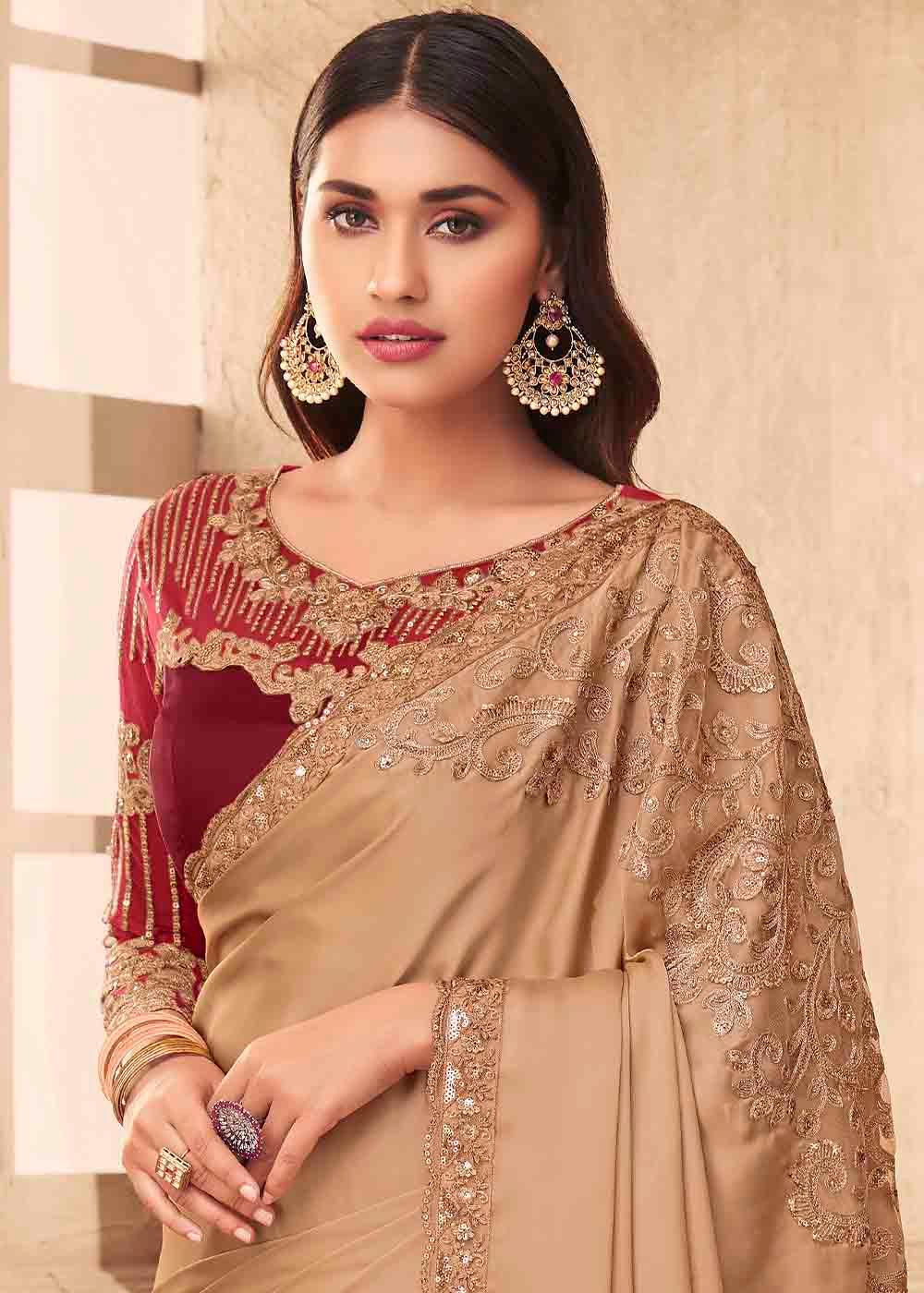 Light Brown Designer Embroidered Satin Silk Saree with Sequence work | Stitched Blouse - qivii