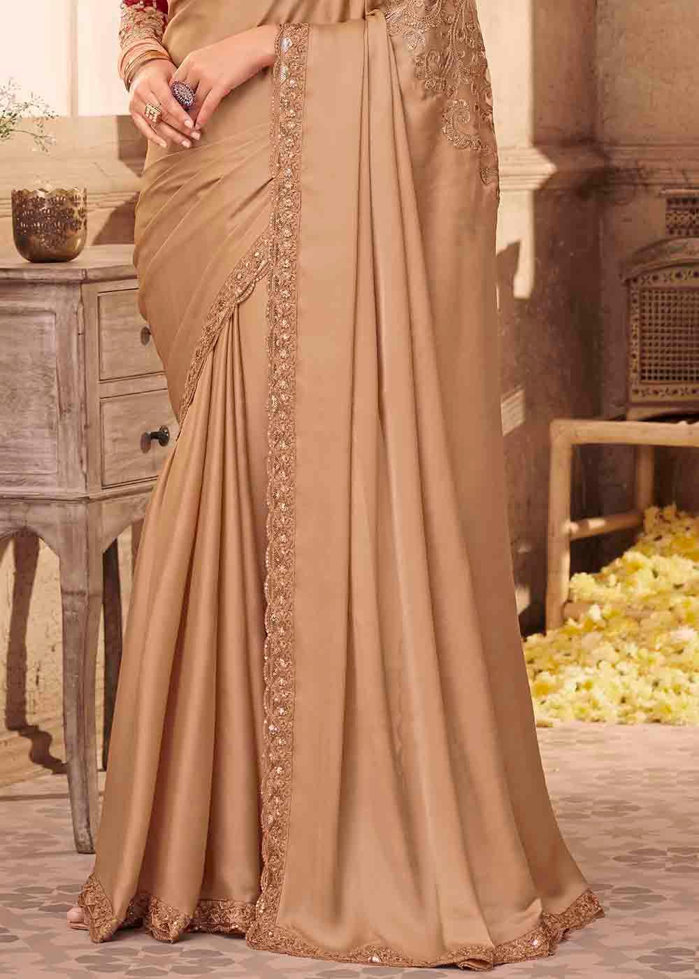 Light Brown Designer Embroidered Satin Silk Saree with Sequence work | Stitched Blouse - qivii