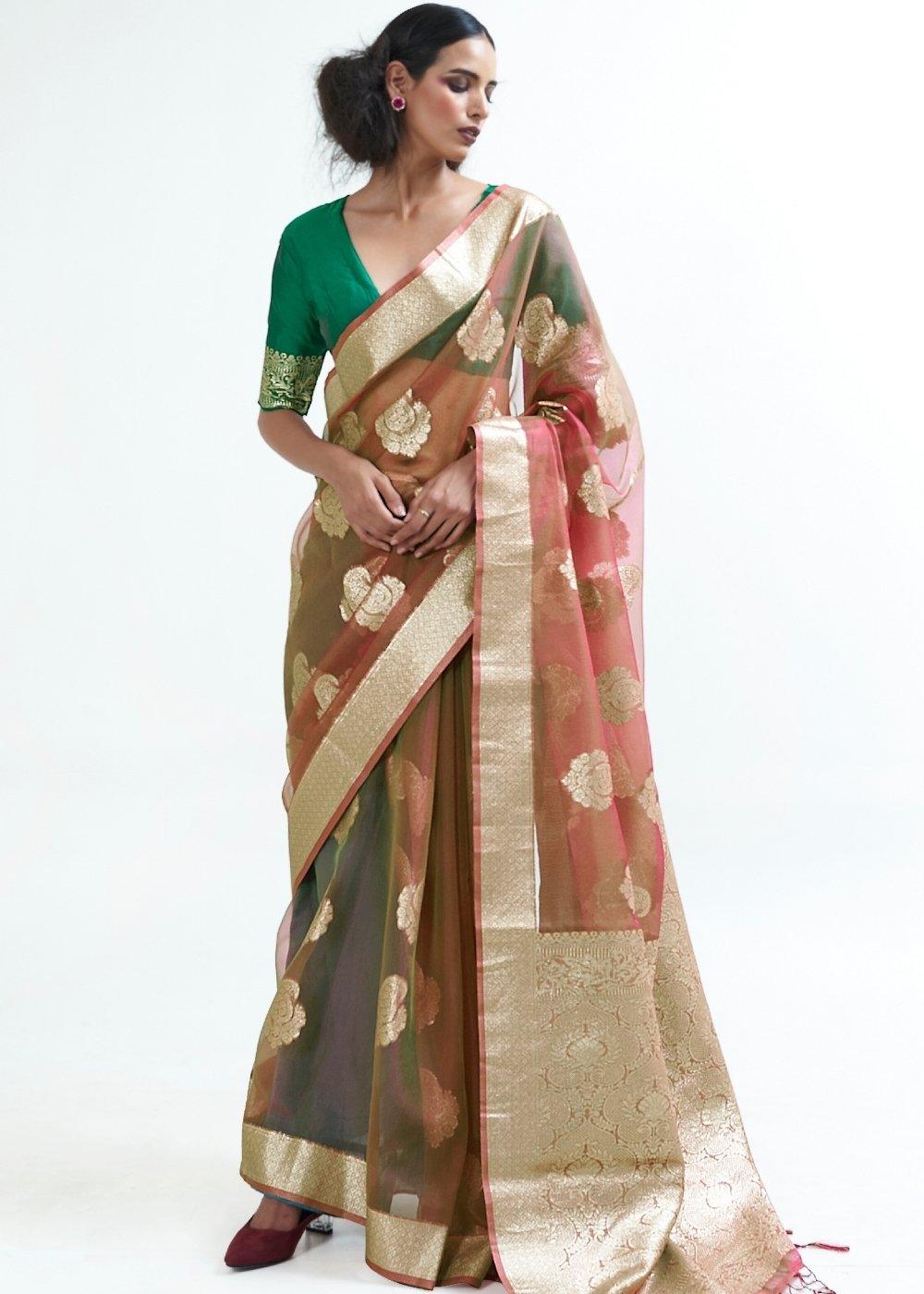 Light Brown Designer Woven Organza Silk Saree | Stitched Blouse - qivii