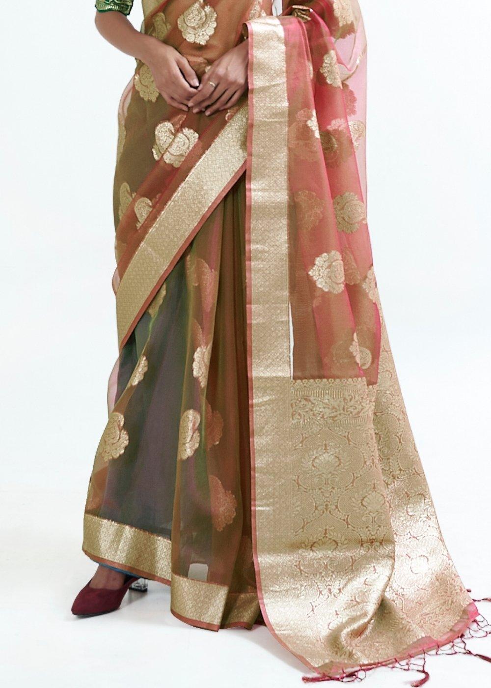 Light Brown Designer Woven Organza Silk Saree | Stitched Blouse - qivii