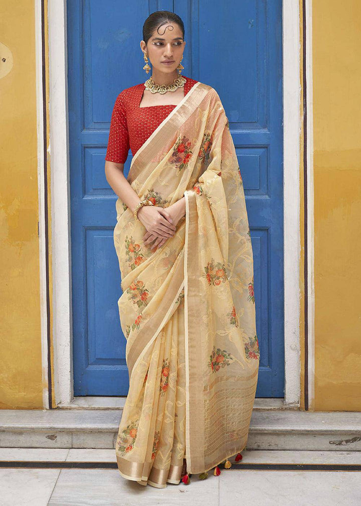 Light Brown Digital Print Tissue Silk Saree | Stitched Blouse - qivii