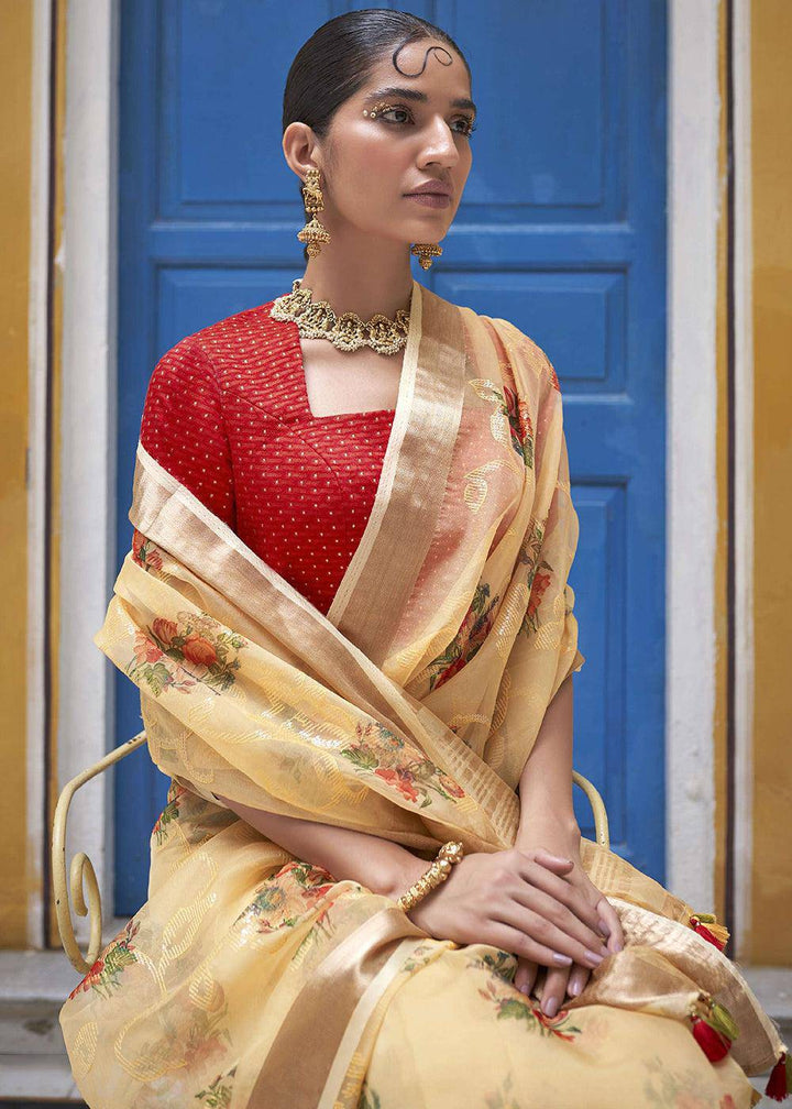 Light Brown Digital Print Tissue Silk Saree | Stitched Blouse - qivii