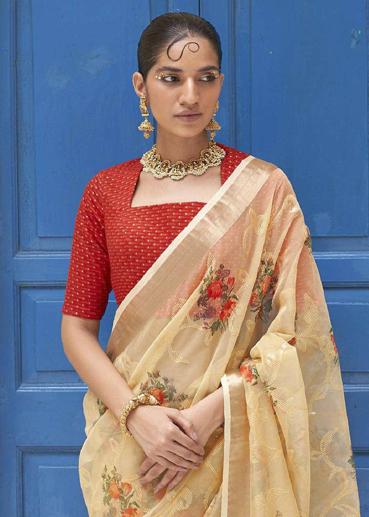 Light Brown Digital Print Tissue Silk Saree | Stitched Blouse - qivii