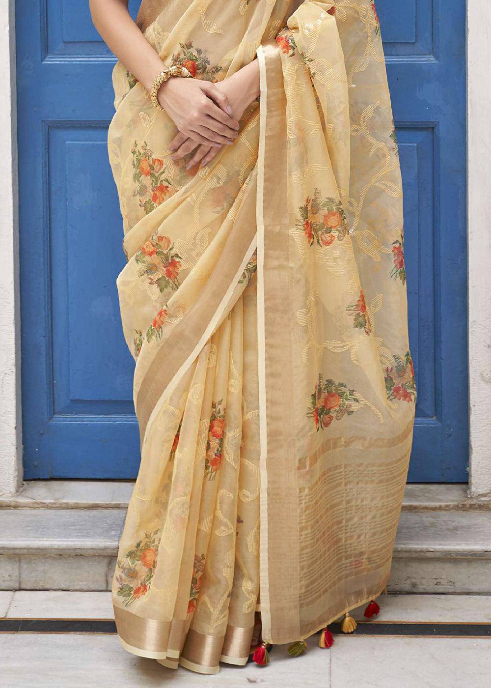 Light Brown Digital Print Tissue Silk Saree | Stitched Blouse - qivii