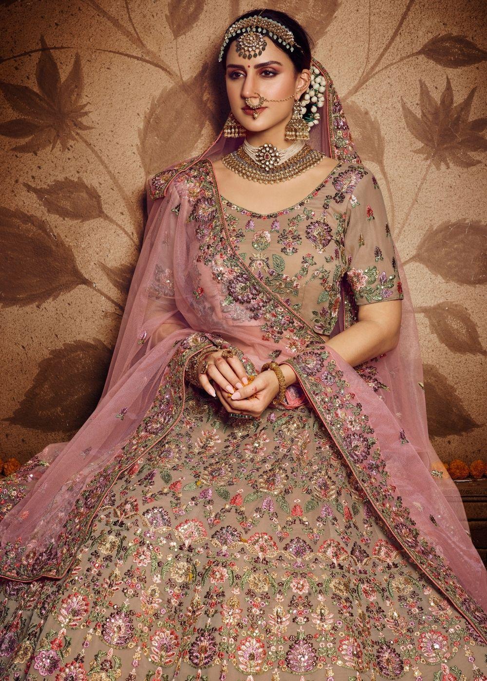 Light Brown Georgette Bridal Lehenga Choli with Resham and Jari Embroidery (Pre-Order) : Top Pick - qivii