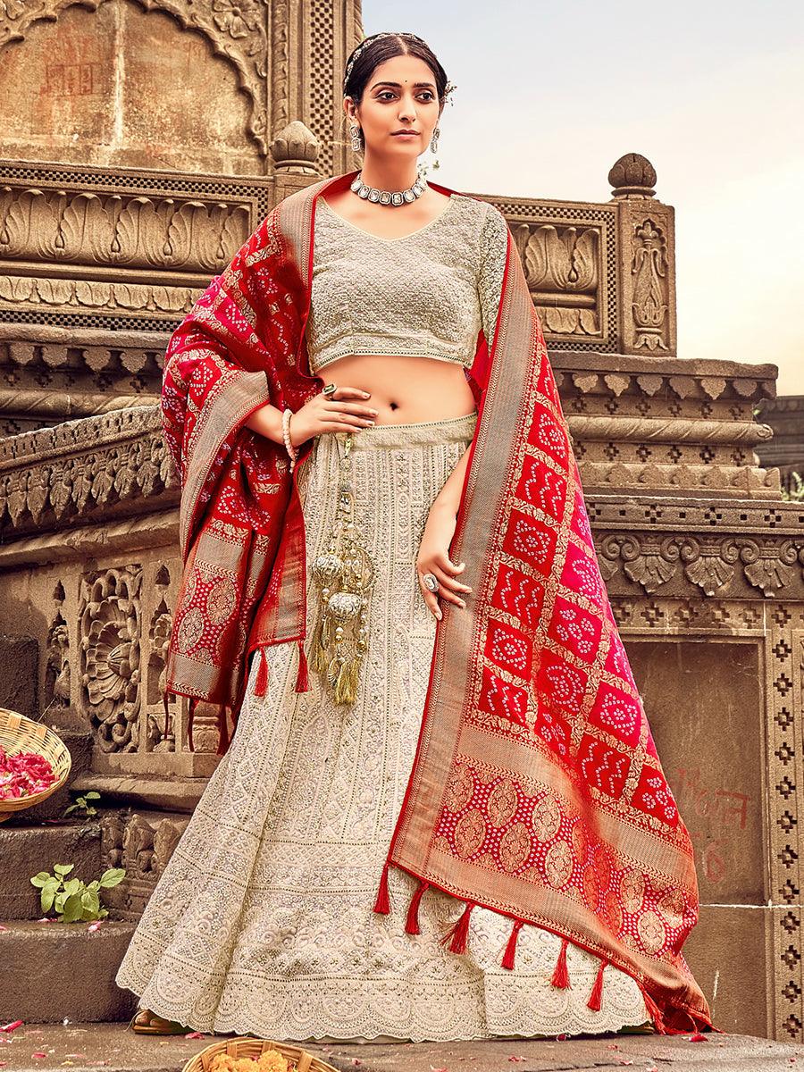 Light Brown Georgette Lehenga Choli Having Lucknowi work and Banarasi Dupatta - qivii