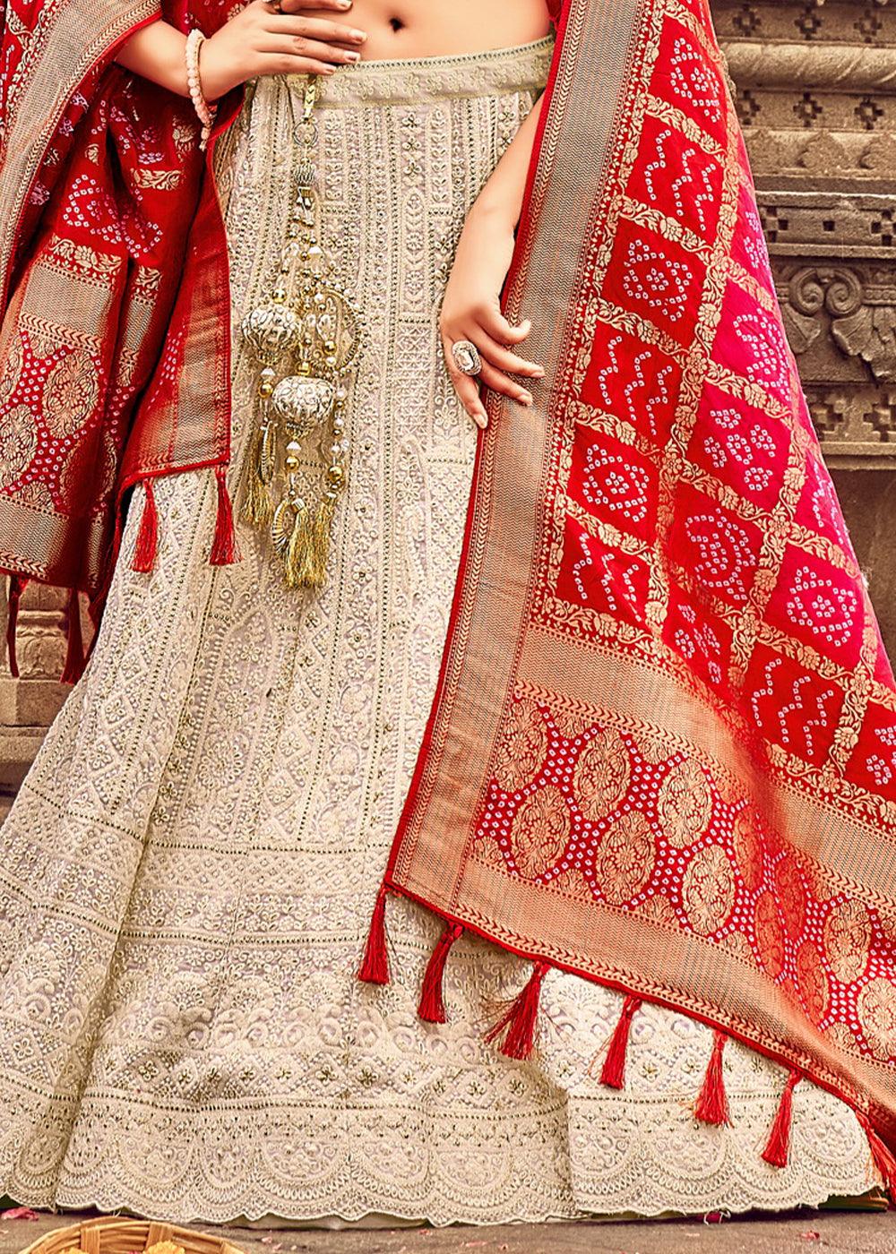 Light Brown Georgette Lehenga Choli Having Lucknowi work and Banarasi Dupatta - qivii