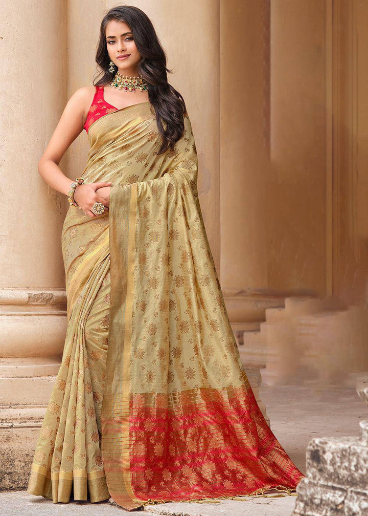 Light Brown Zari Butta Woven Raw Banarasi Silk Saree | Stitched Blouse - qivii