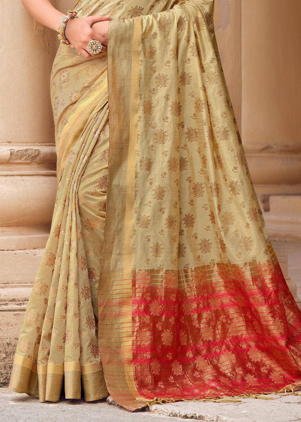 Light Brown Zari Butta Woven Raw Banarasi Silk Saree | Stitched Blouse - qivii