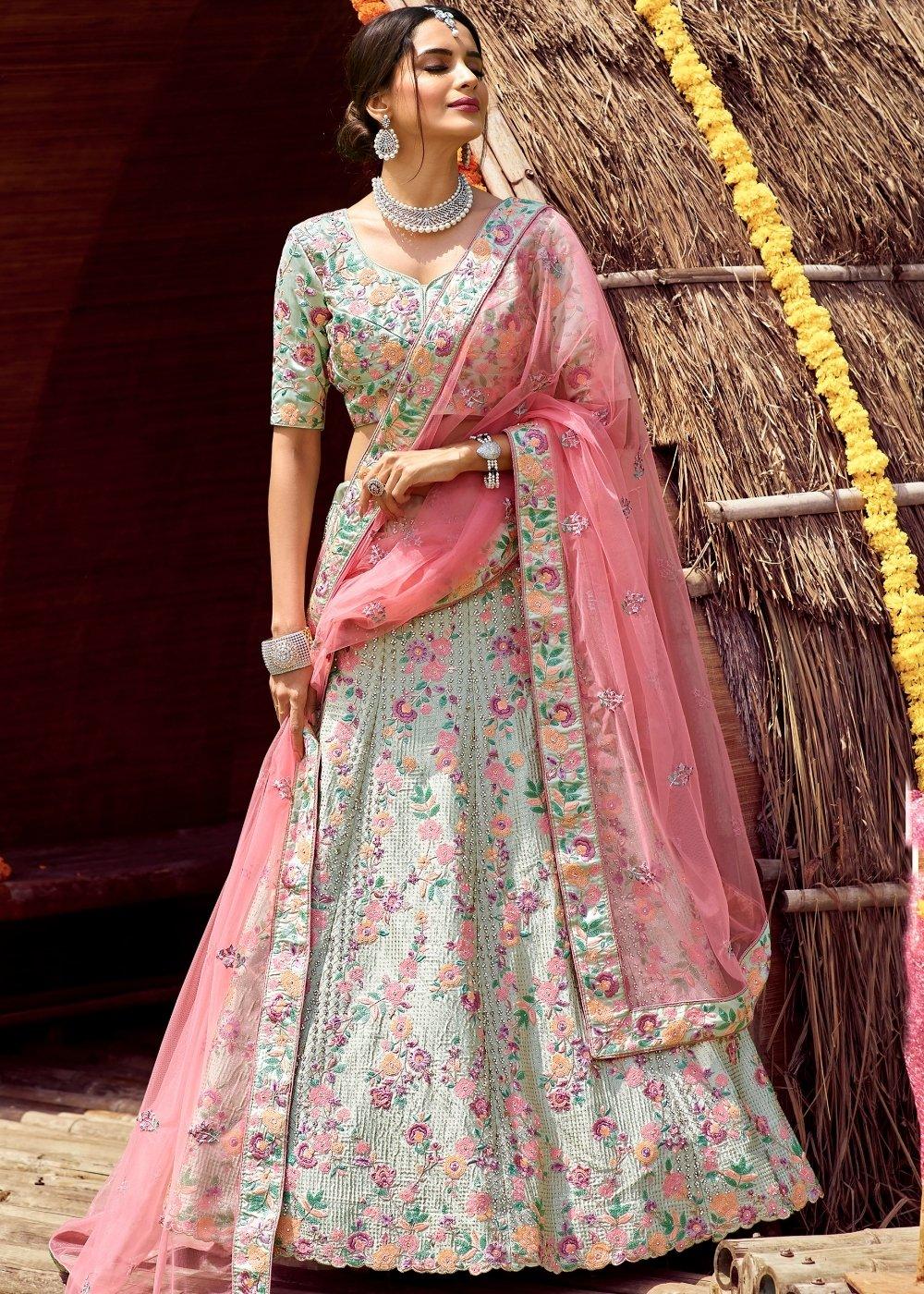 Light Caribbean Green Satin Lehenga Choli with Sequins, Swarvoski, Resham & Zarkan work - qivii