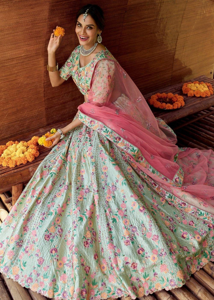 Light Caribbean Green Satin Lehenga Choli with Sequins, Swarvoski, Resham & Zarkan work - qivii