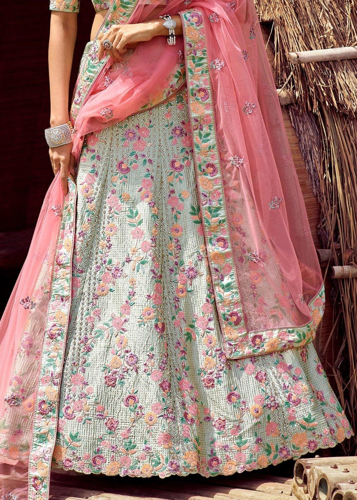 Light Caribbean Green Satin Lehenga Choli with Sequins, Swarvoski, Resham & Zarkan work - qivii