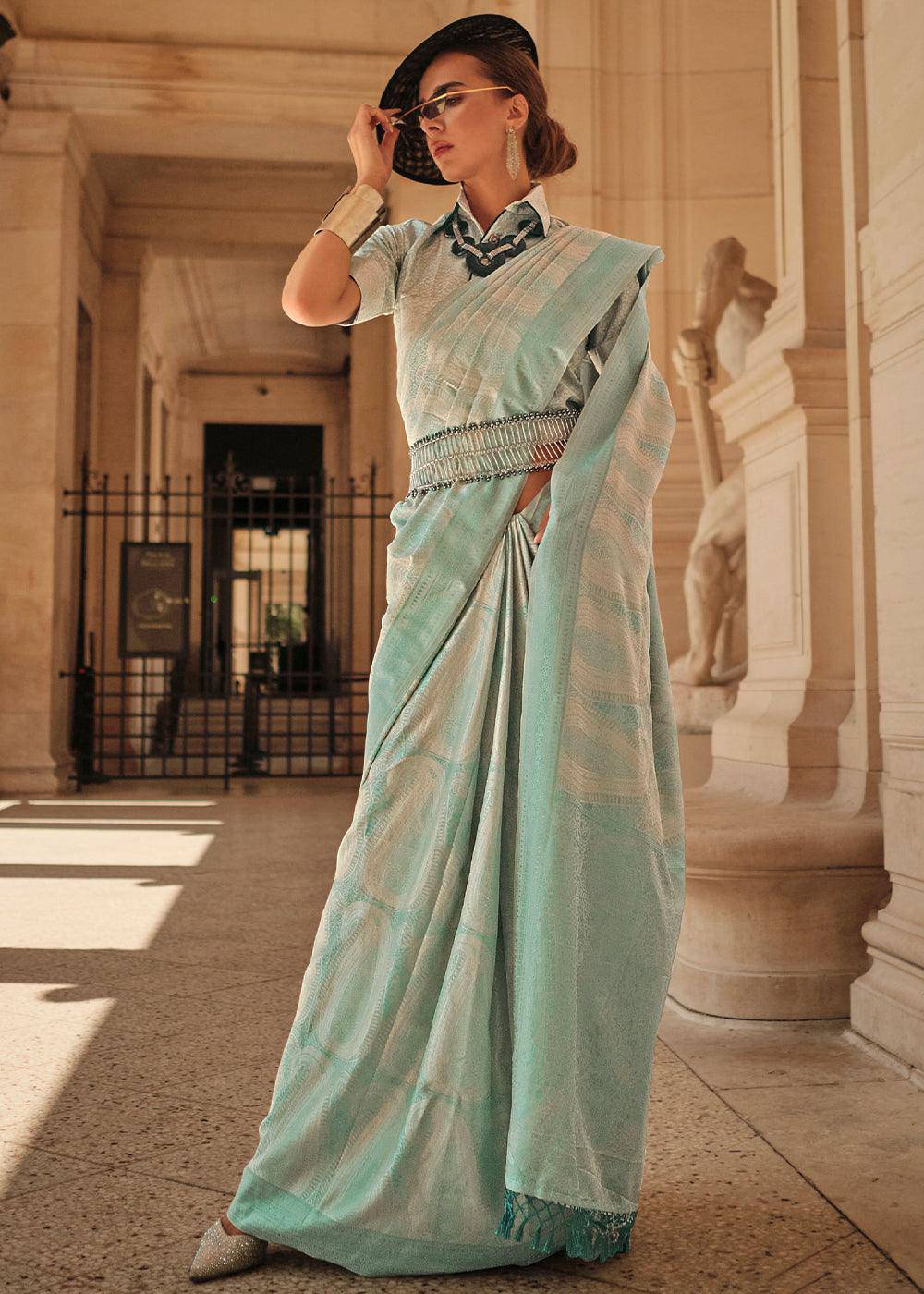 Light Caribbean Green Woven Satin Silk Saree | Stitched Blouse - qivii