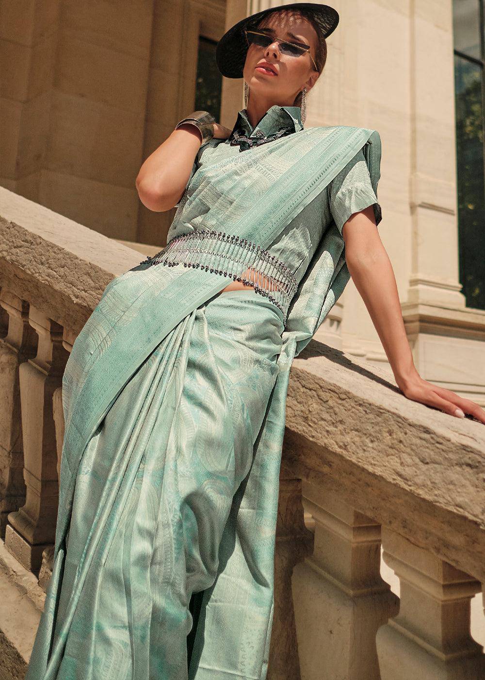 Light Caribbean Green Woven Satin Silk Saree | Stitched Blouse - qivii