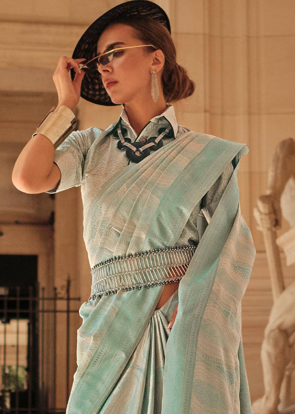 Light Caribbean Green Woven Satin Silk Saree | Stitched Blouse - qivii