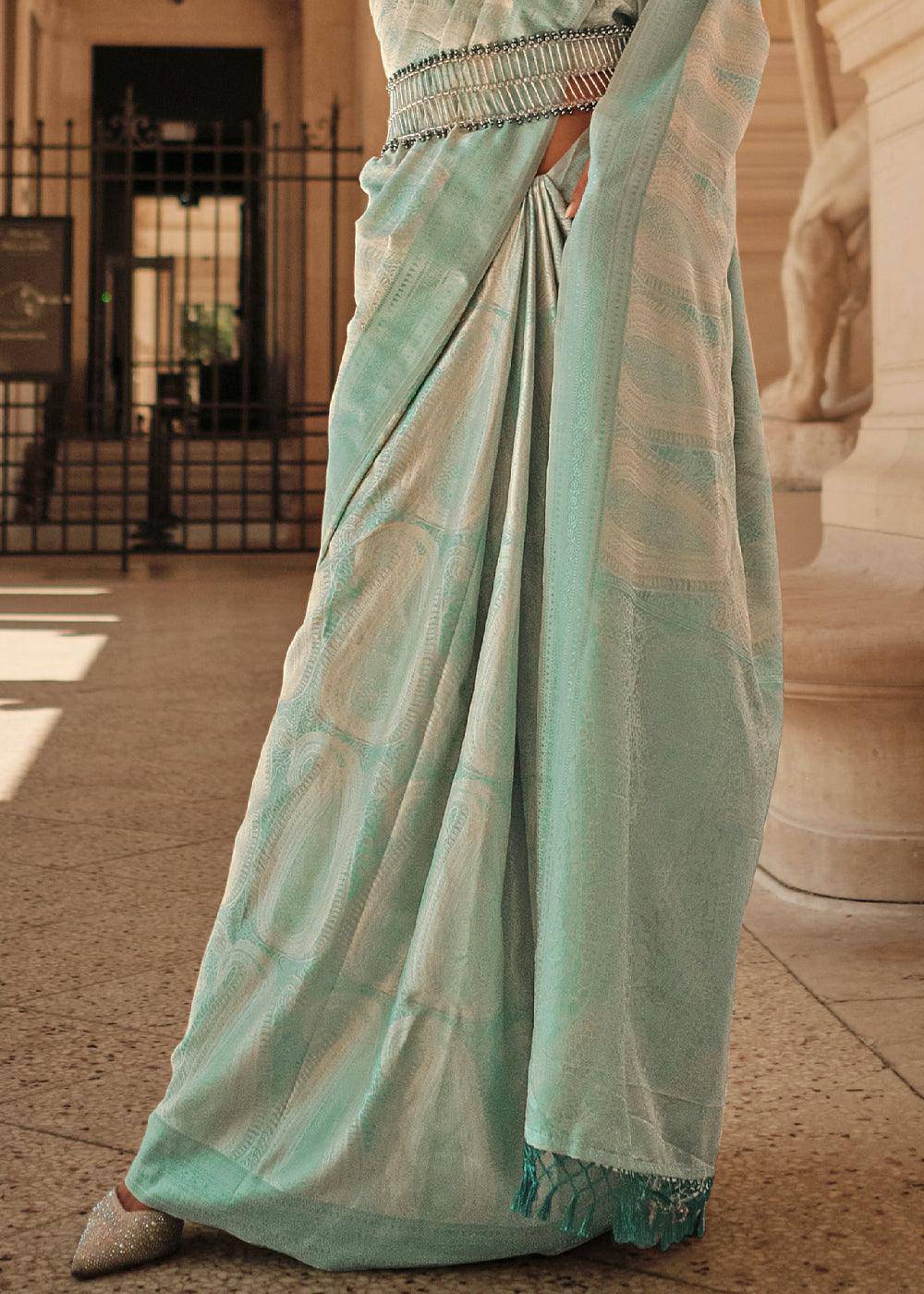 Light Caribbean Green Woven Satin Silk Saree | Stitched Blouse - qivii