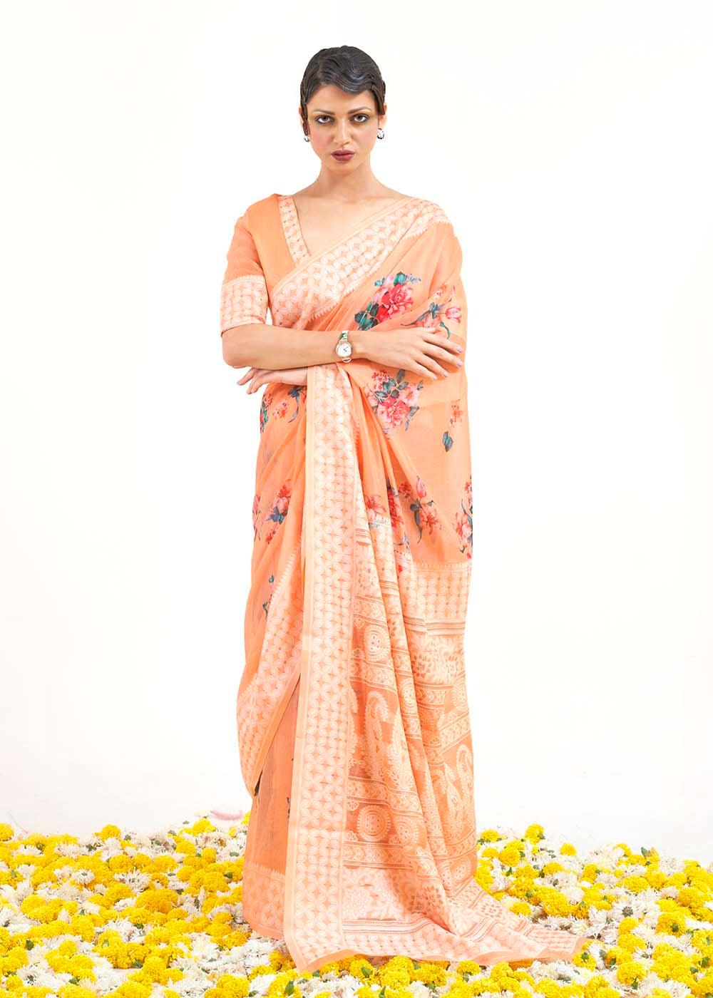 Light Coral Orange Chikankari Silk Saree with Floral Digital Print | Stitched Blouse - qivii