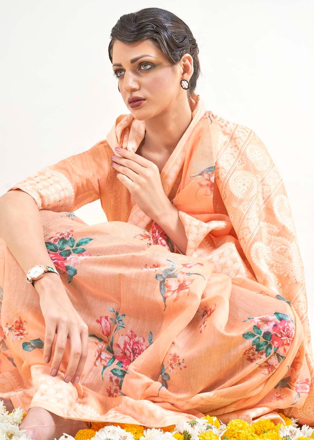 Light Coral Orange Chikankari Silk Saree with Floral Digital Print | Stitched Blouse - qivii