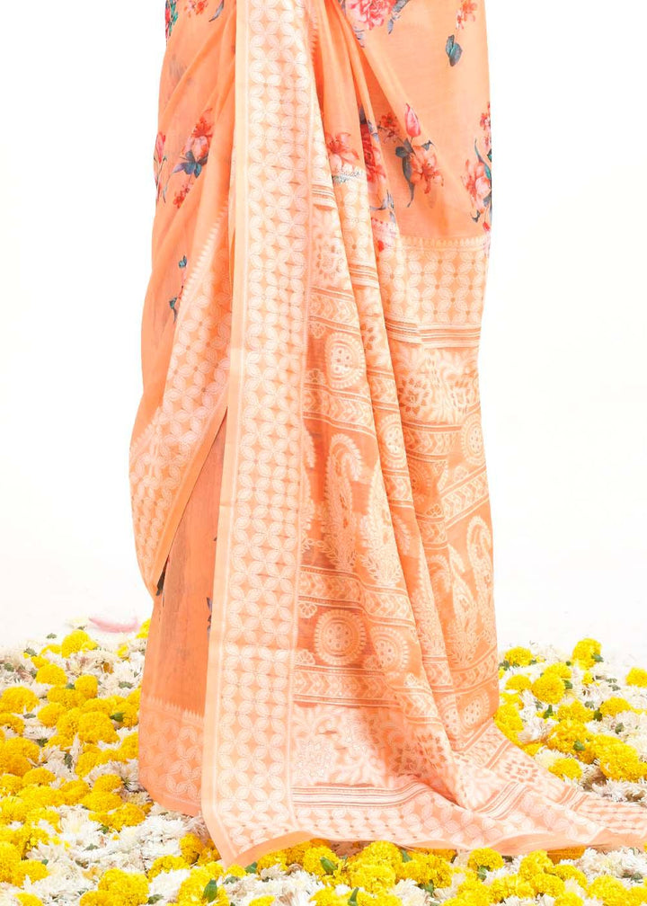 Light Coral Orange Chikankari Silk Saree with Floral Digital Print | Stitched Blouse - qivii