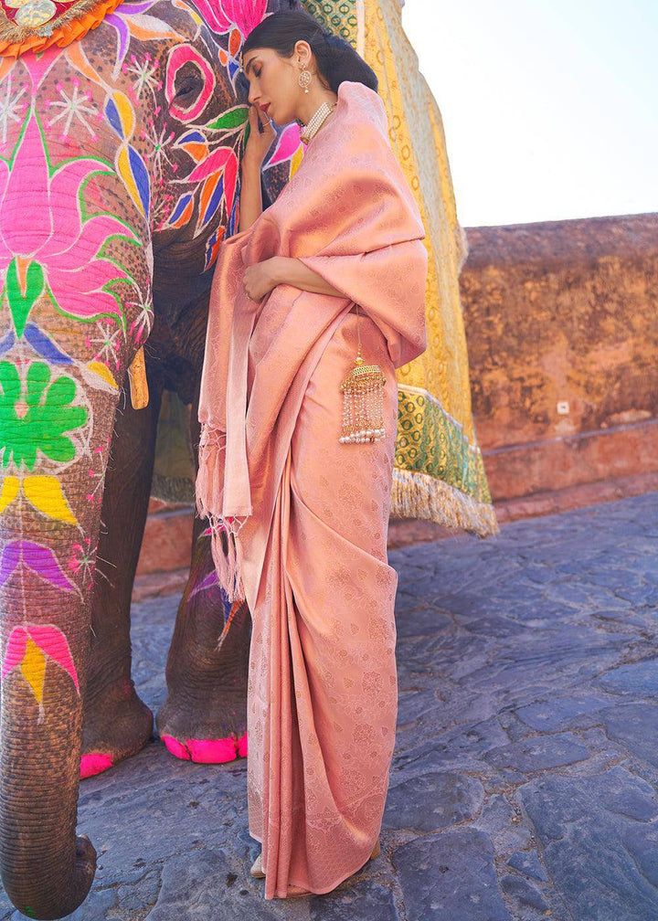 Light Coral Pink Soft Handloom Weave Kanjivaram Silk Saree | Stitched Blouse - qivii