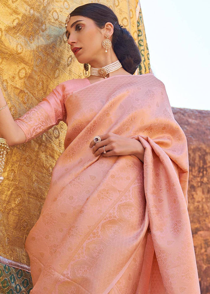 Light Coral Pink Soft Handloom Weave Kanjivaram Silk Saree | Stitched Blouse - qivii