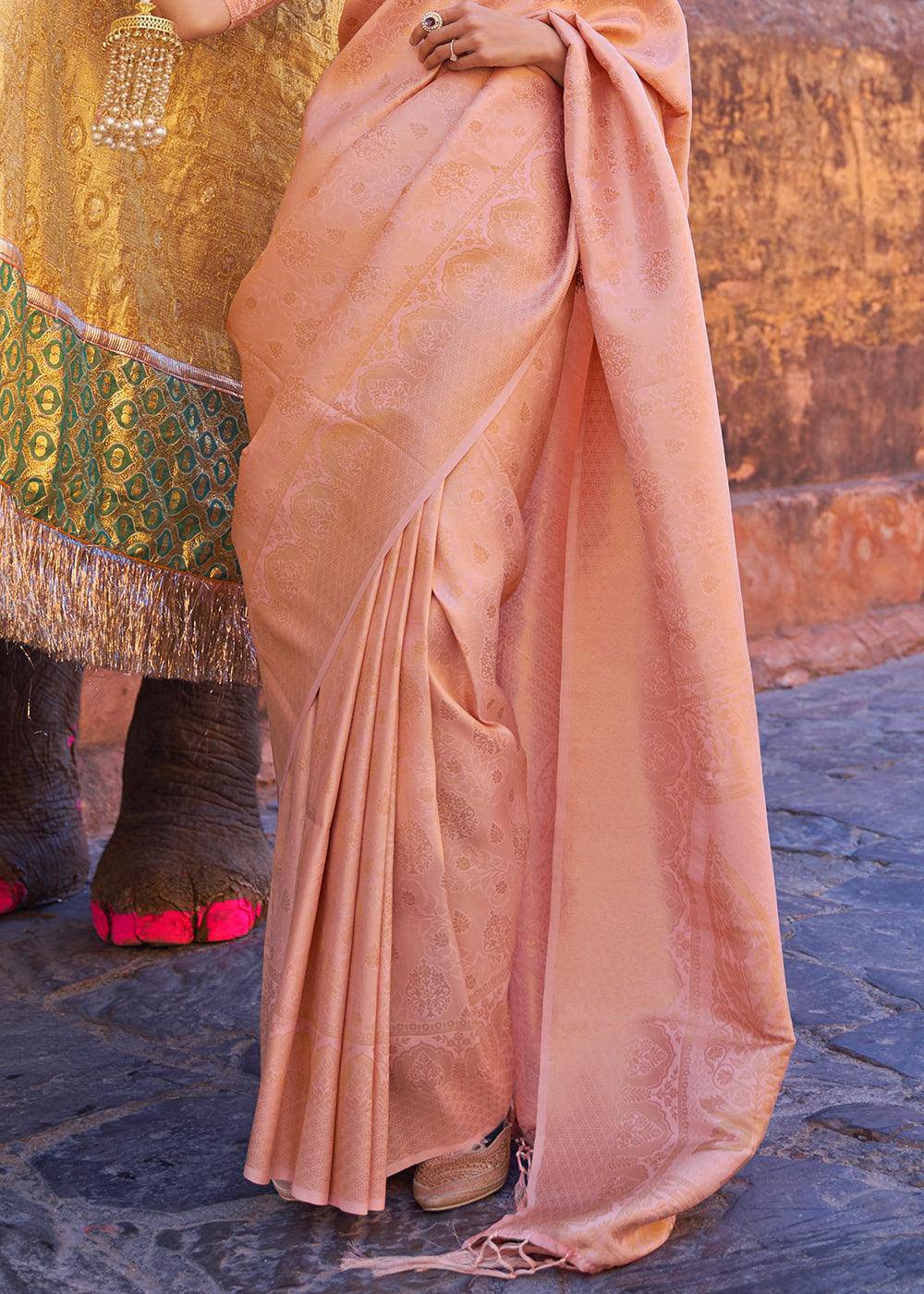 Light Coral Pink Soft Handloom Weave Kanjivaram Silk Saree | Stitched Blouse - qivii