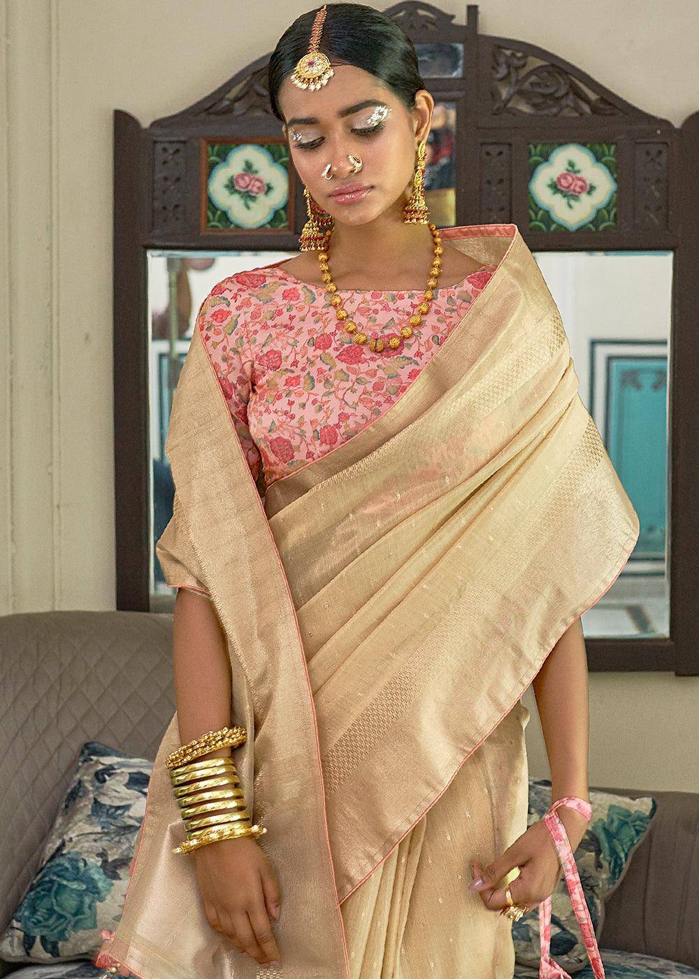 Light Golden Zari Weaving Tissue Silk Saree with kalamkari Print Blouse | Stitched Blouse - qivii