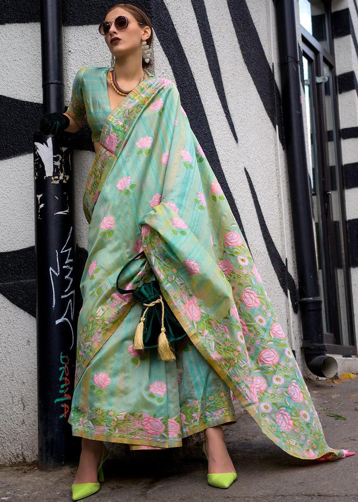 Light Green Floral Parsi Weaving Handloom Silk Saree - qivii