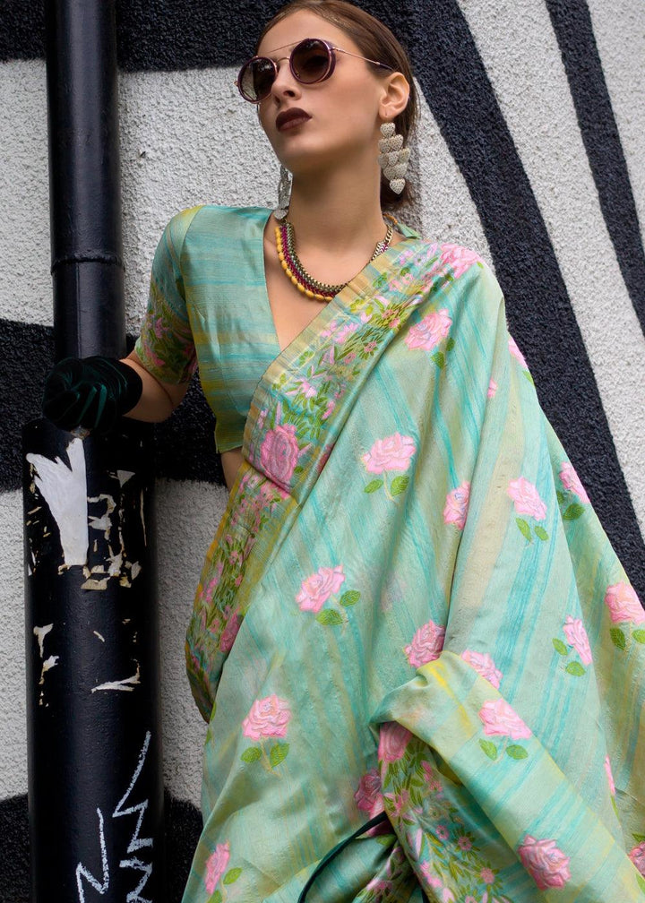 Light Green Floral Parsi Weaving Handloom Silk Saree - qivii