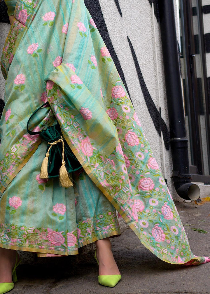 Light Green Floral Parsi Weaving Handloom Silk Saree - qivii