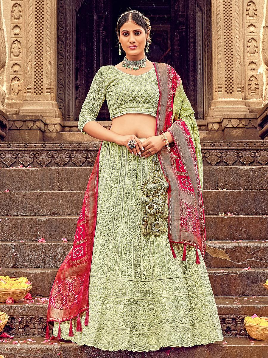 Light Green Georgette Lehenga Choli Having Lucknowi work and Banarasi Dupatta - qivii