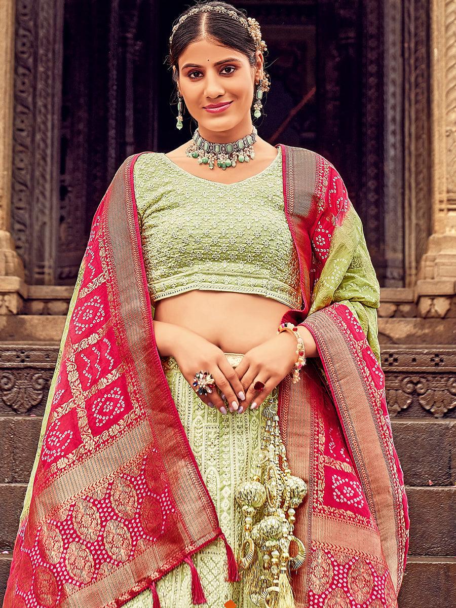 Light Green Georgette Lehenga Choli Having Lucknowi work and Banarasi Dupatta - qivii