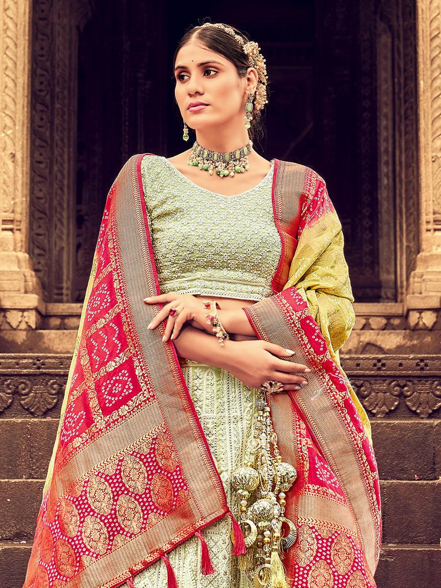 Light Green Georgette Lehenga Choli Having Lucknowi work and Banarasi Dupatta - qivii