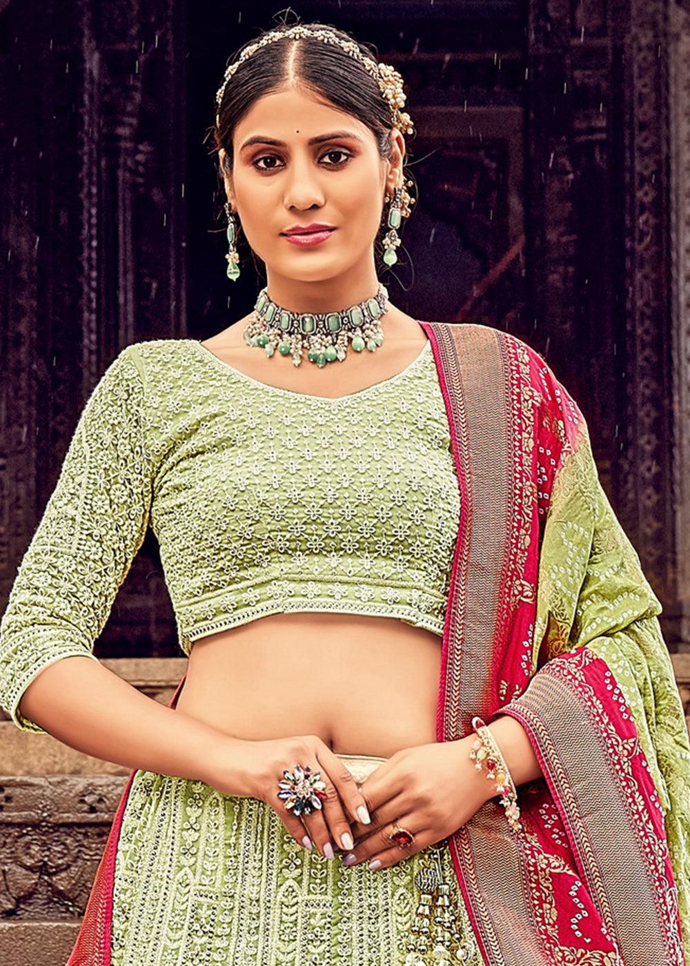 Light Green Georgette Lehenga Choli Having Lucknowi work and Banarasi Dupatta - qivii