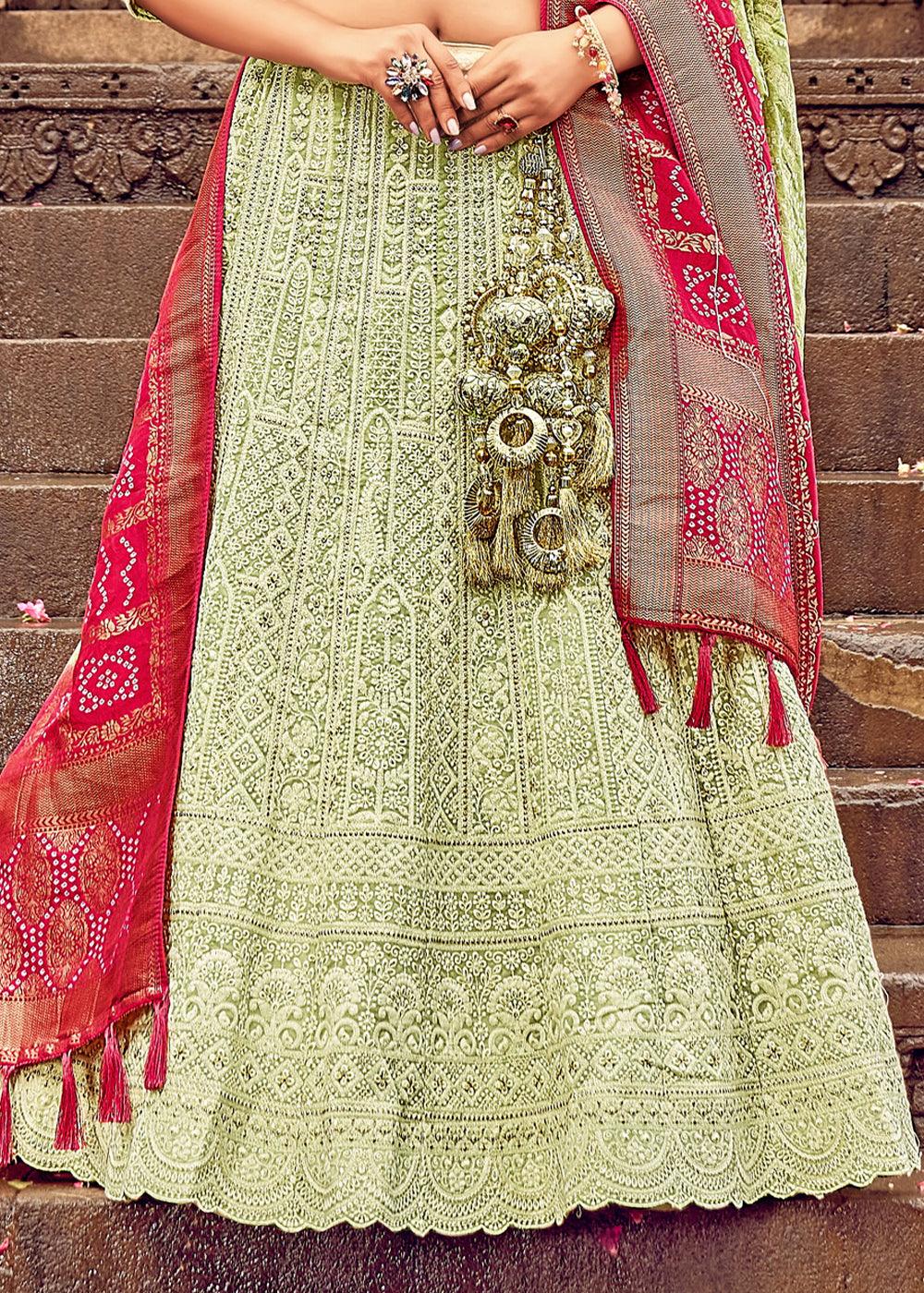 Light Green Georgette Lehenga Choli Having Lucknowi work and Banarasi Dupatta - qivii