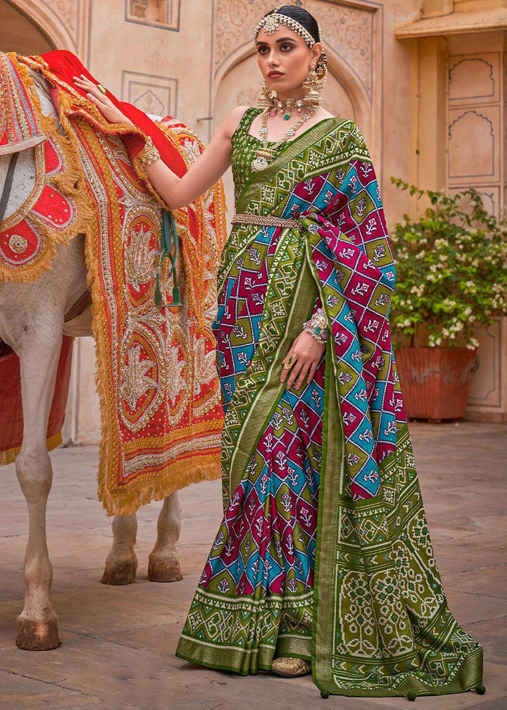 Light Green Patola Printed Designer Silk Saree | Stitched Blouse - qivii