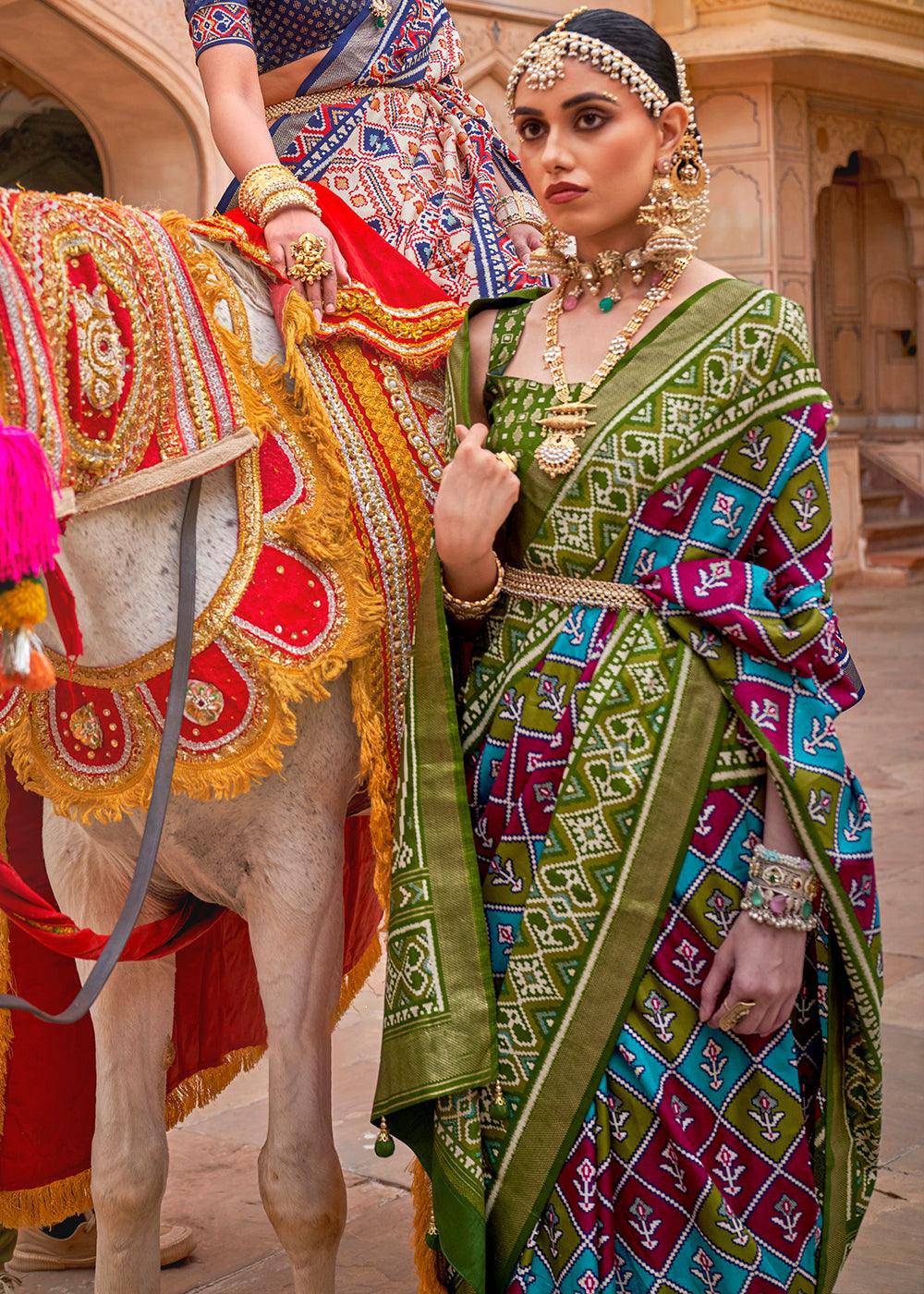 Light Green Patola Printed Designer Silk Saree | Stitched Blouse - qivii