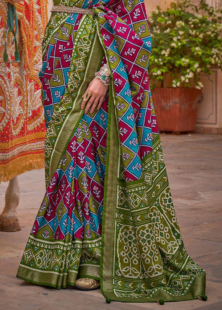 Light Green Patola Printed Designer Silk Saree | Stitched Blouse - qivii