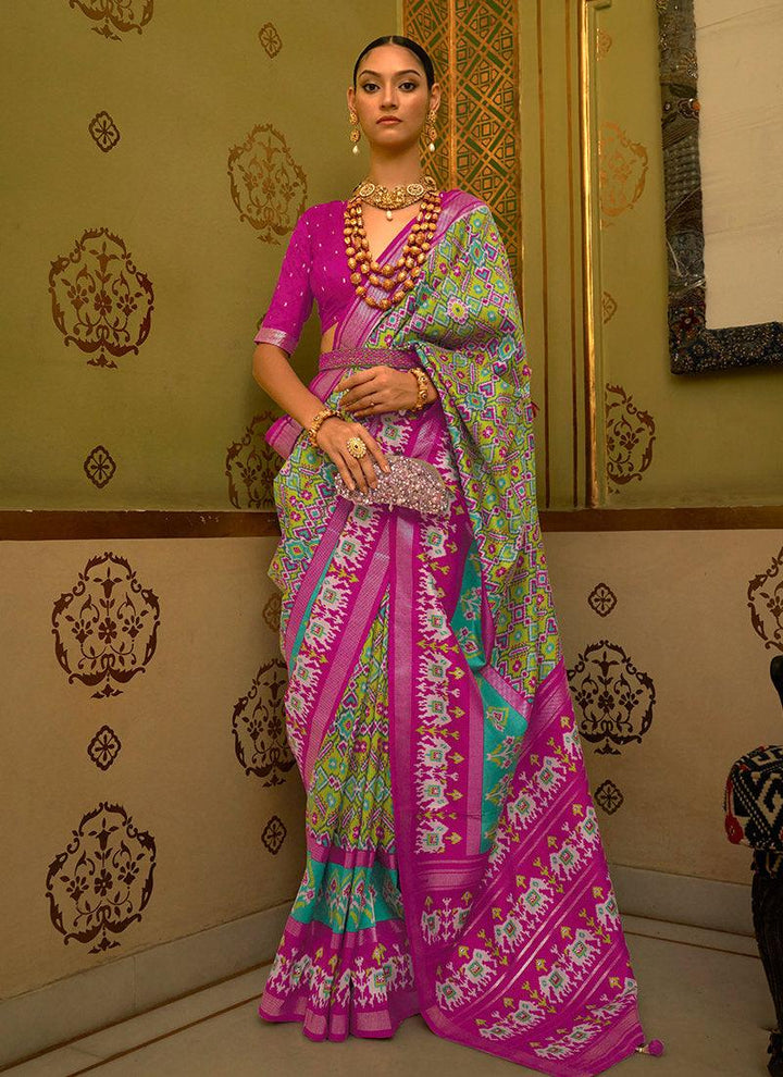 Light Green Smooth Patola Print Silk Saree  - By Kreeva