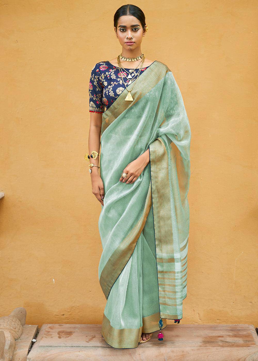 Light Green Soft Tissue Organza Silk Saree with Brocade Blouse | Stitched Blouse - qivii