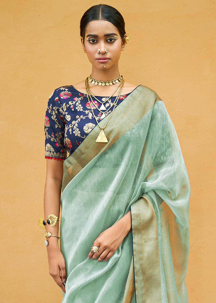 Light Green Soft Tissue Organza Silk Saree with Brocade Blouse | Stitched Blouse - qivii